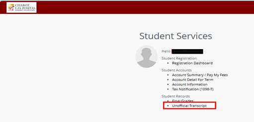 Student Dashboard Transcript